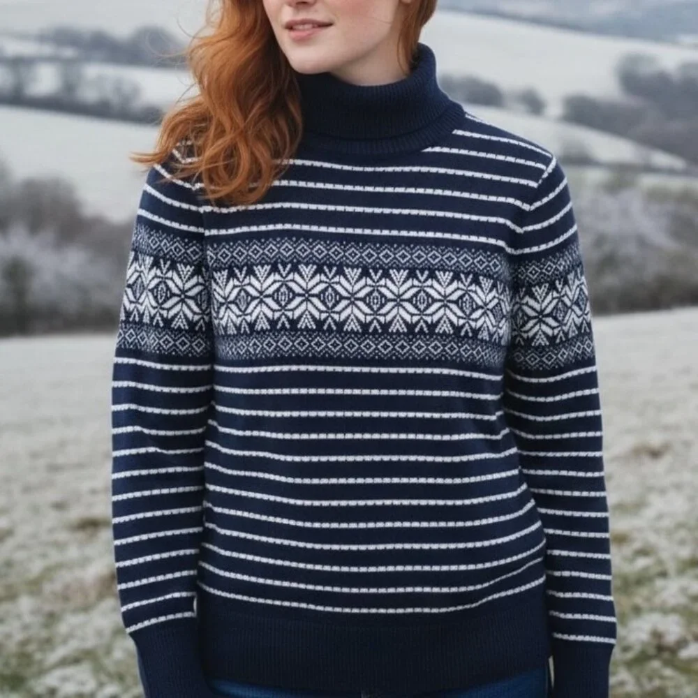 L.L.Bean Navy Fair Isle Stripe Cotton Cashmere Turtleneck Sweater Size Large - Picture 1 of 6